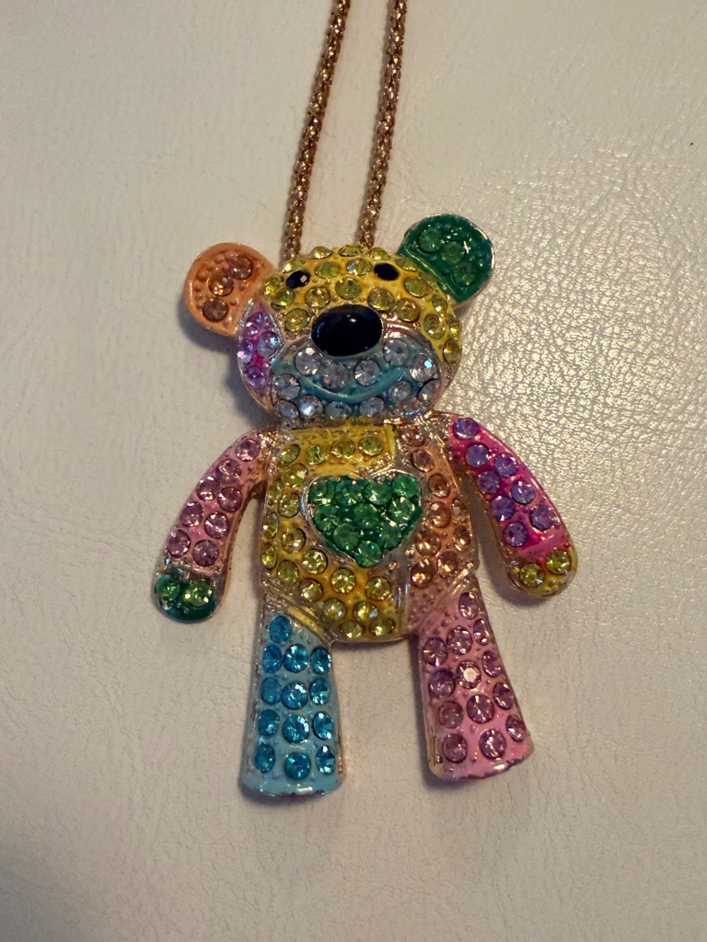Betsey Johnson multicolored rhinestone bear necklace.